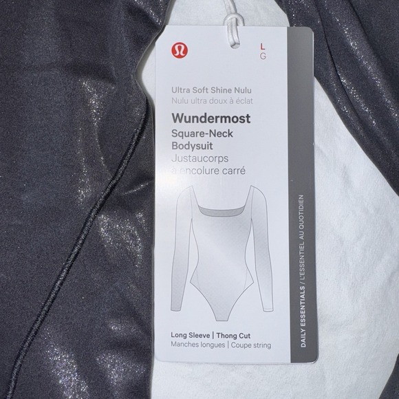 Lululemon Wundermost Square-Neck Black *SHINE* Bodysuit Nulu LS Thong Size L - Picture 3 of 11